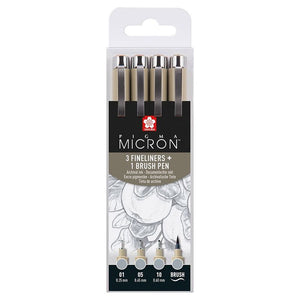 Sakura Micron - Set of 3 fineliners + 1 brush pen - Grey