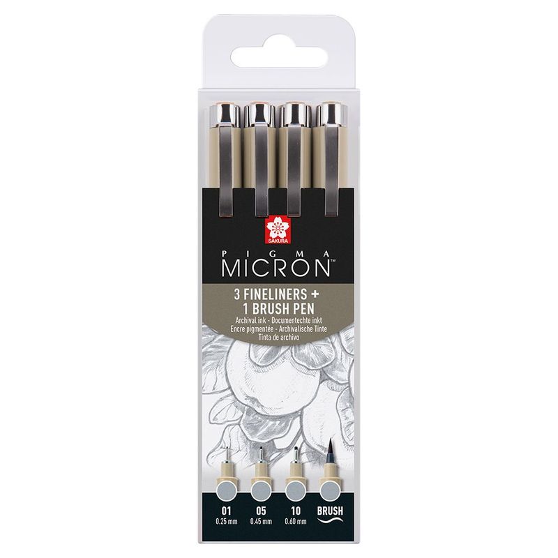 Sakura Micron - Set of 3 fineliners + 1 brush pen - Grey
