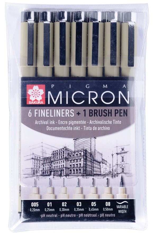 Sakura Micron Black set of 6 +1 Brush Pen