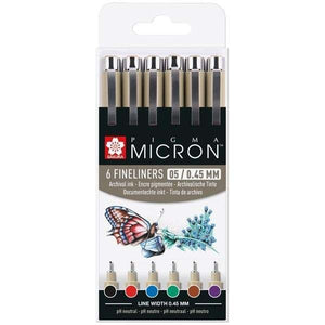 Sakura Pigma Micron 05 Basic Set of 6 coloured pens 0.45mm